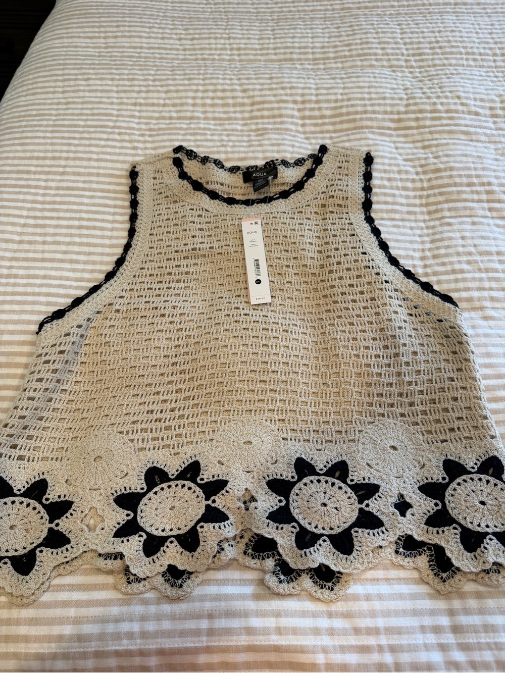 Aqua Crochet Tank Top with Floral Hem - Black & Cream
